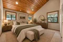 2332 Alpen Court — Bedroom with wood ceiling and forest-facing windows