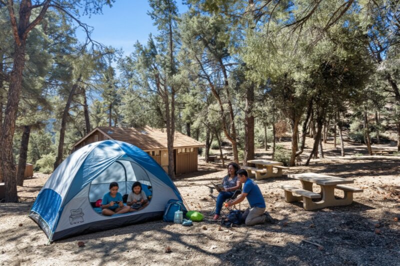 Family camping among pine trees at Pine Mountain Club campground