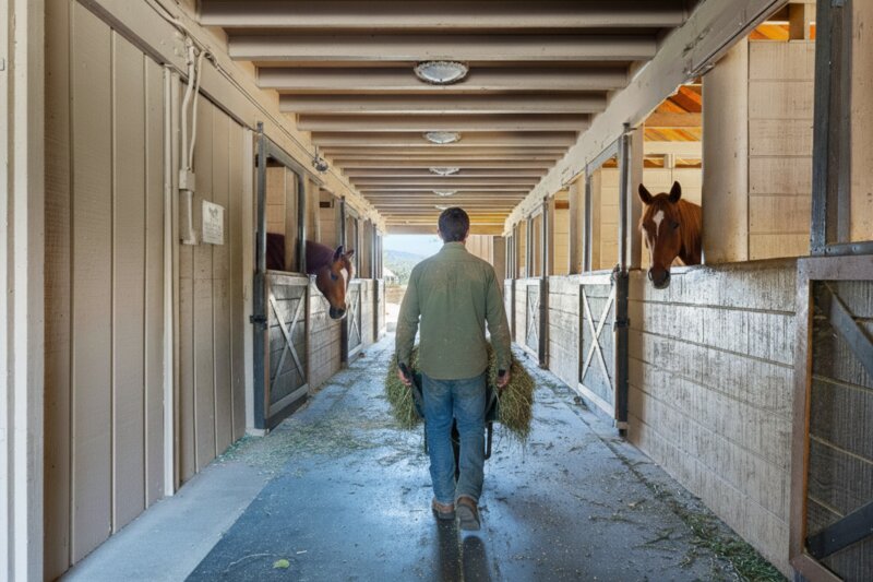 Pine Mountain Club equestrian center stables with horses and caretaker