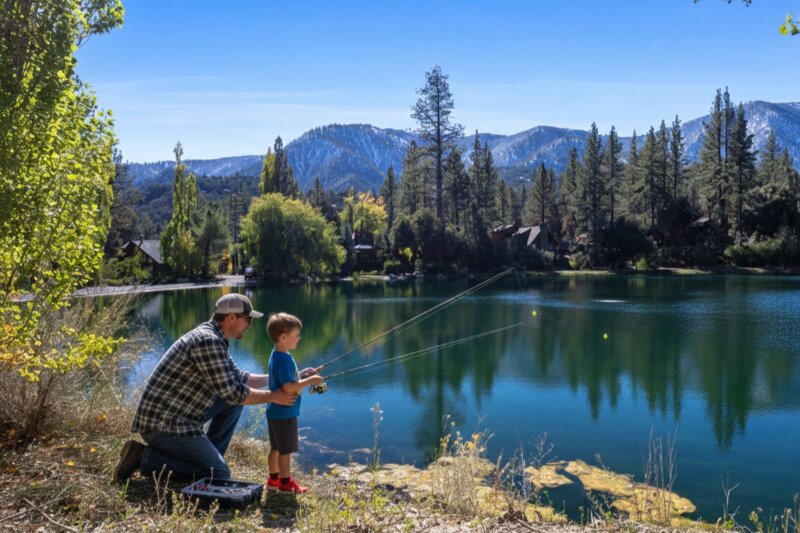 Father and son fishing at Ferns Lake in Pine Mountain Club
