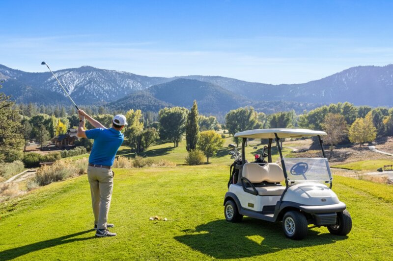 Pine Mountain Club 9-hole golf course with golfer and cart among mountain scenery