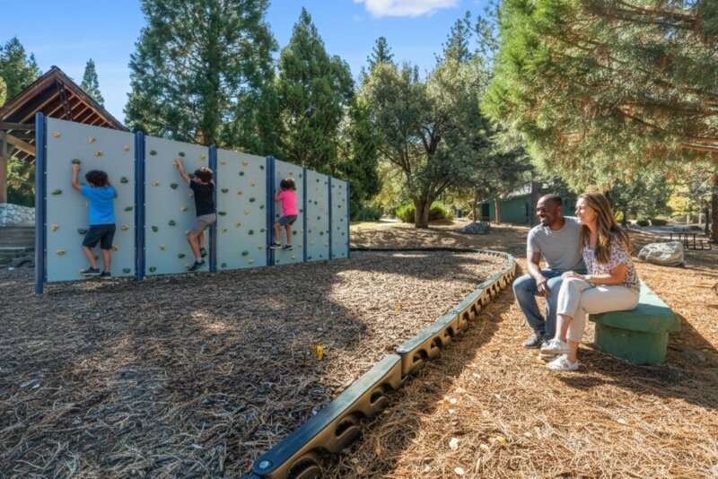 Kids playing at Lampkin Park playground climbing wall in Pine Mountain Club