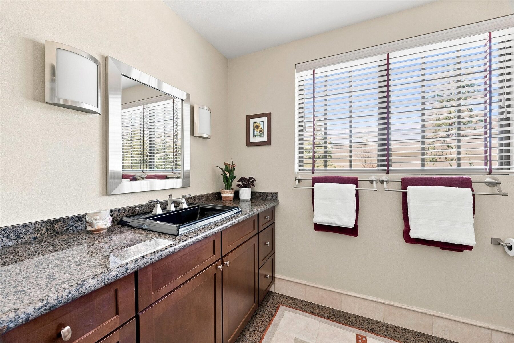 16330 Askin Drive — bathroom vanity with granite counter and mountain-facing window