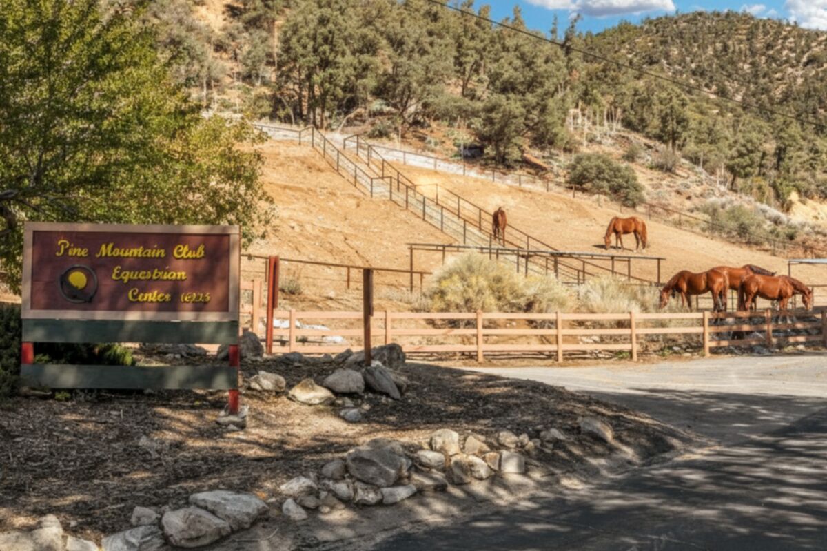 Pine Mountain Club Equestrian Center entrance sign with horses grazing in paddocks