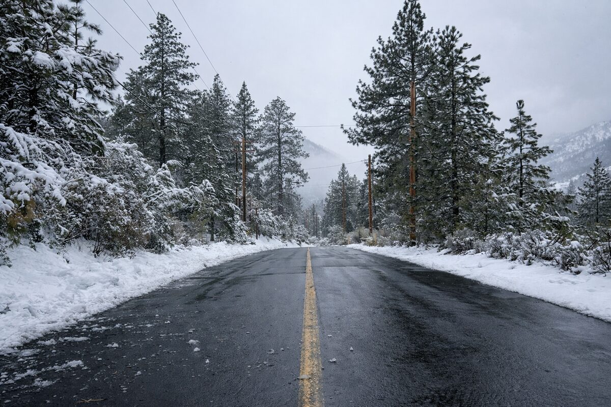 Snow-lined road through Pine Mountain Club pine trees in winter