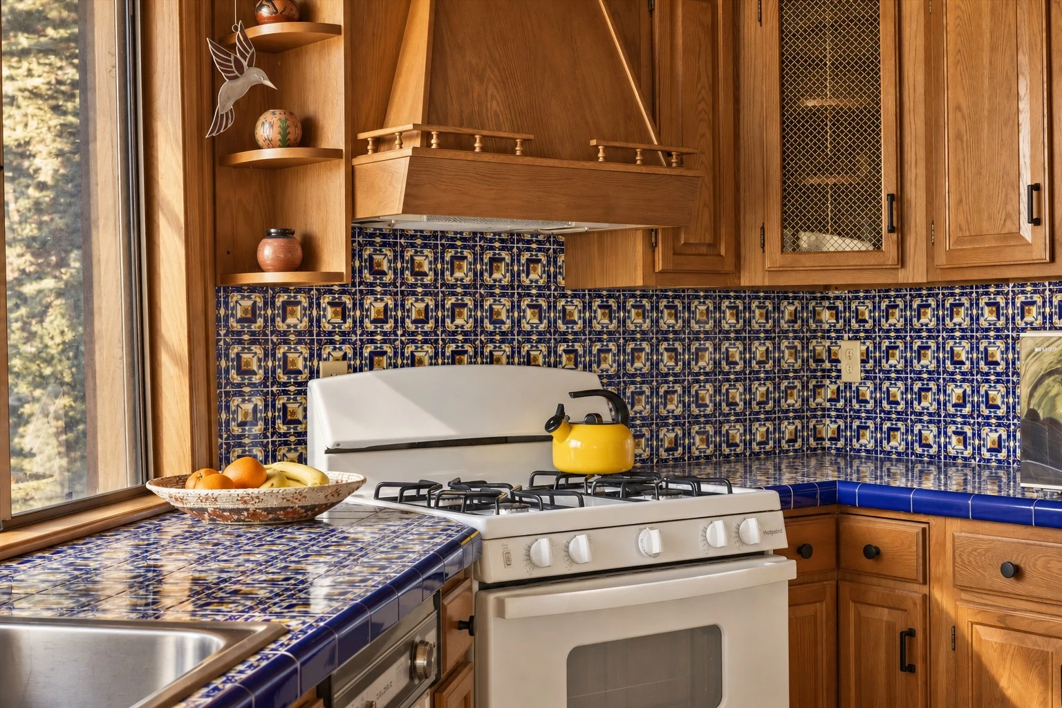 2104 Ironwood Drive — Kitchen range and oven with blue tile backsplash