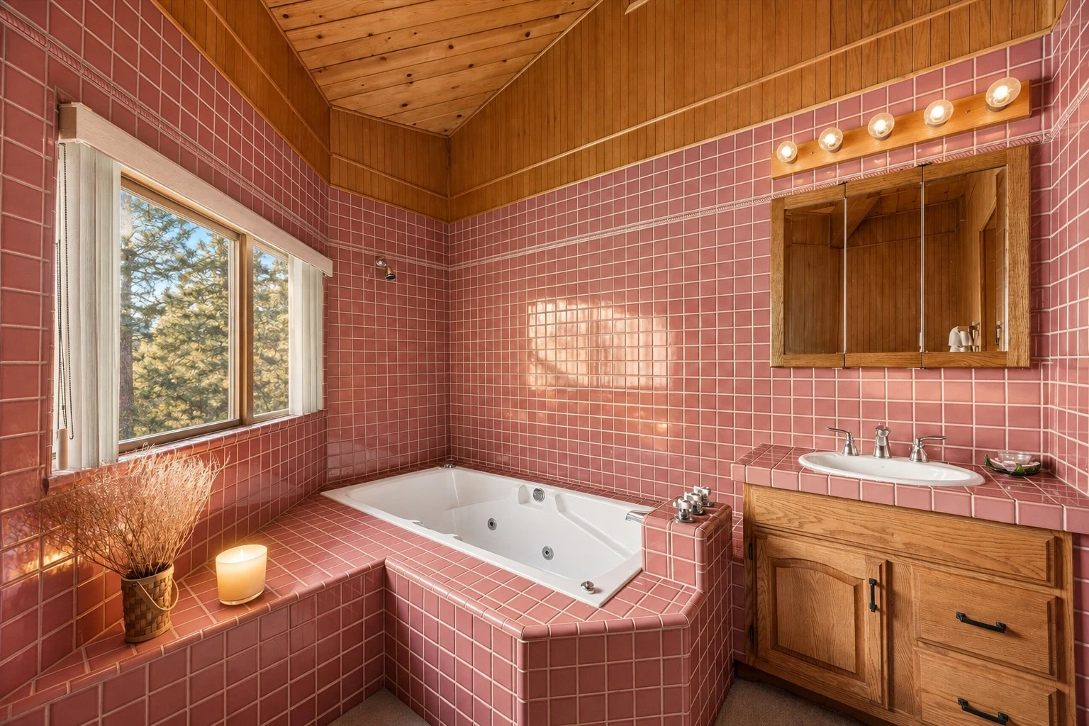 2104 Ironwood Drive — Bathroom with pink tile, bathtub and wood vanity
