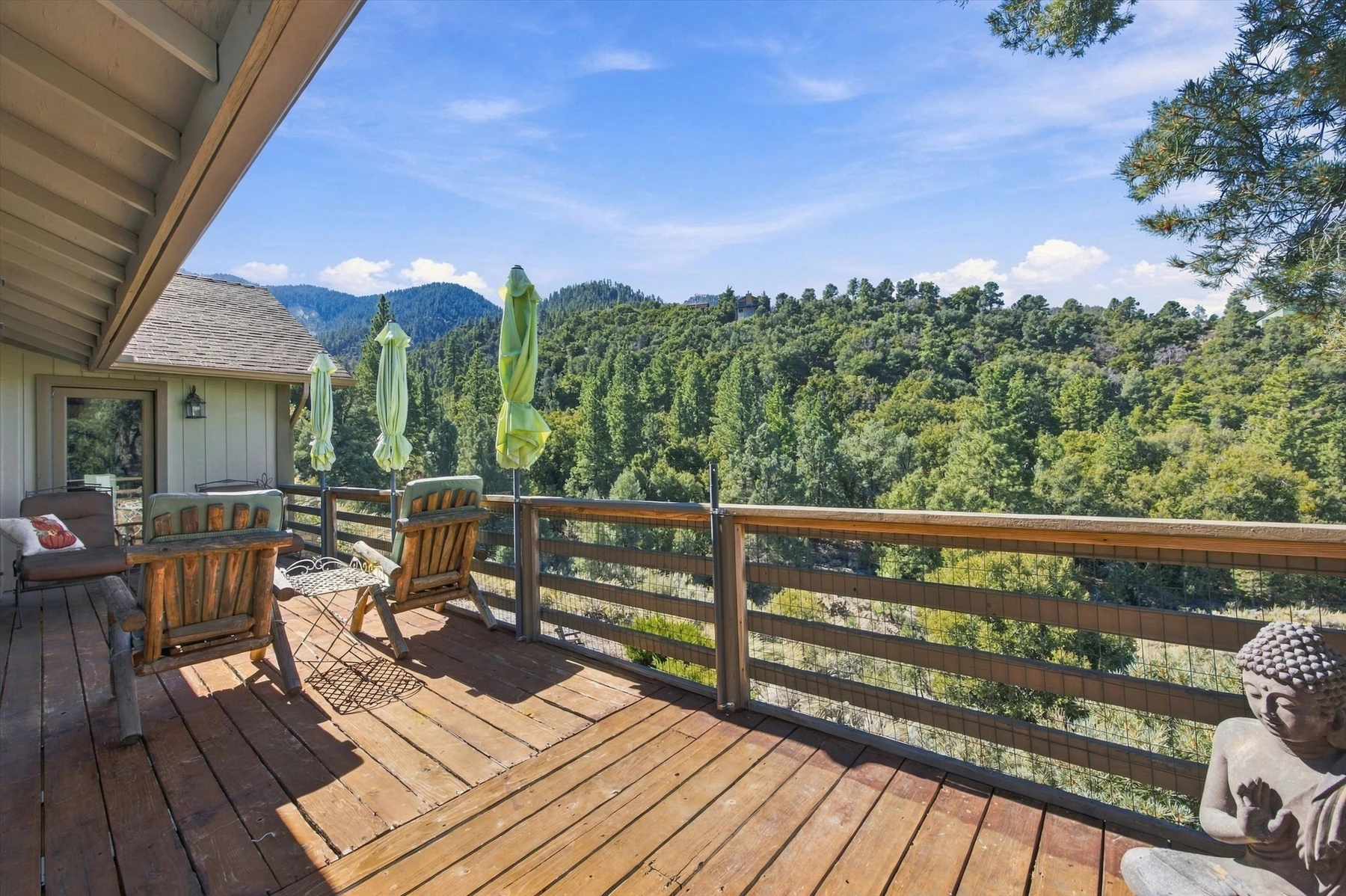 Wraparound deck at 1925 Linden Drive overlooking the forest and mountains