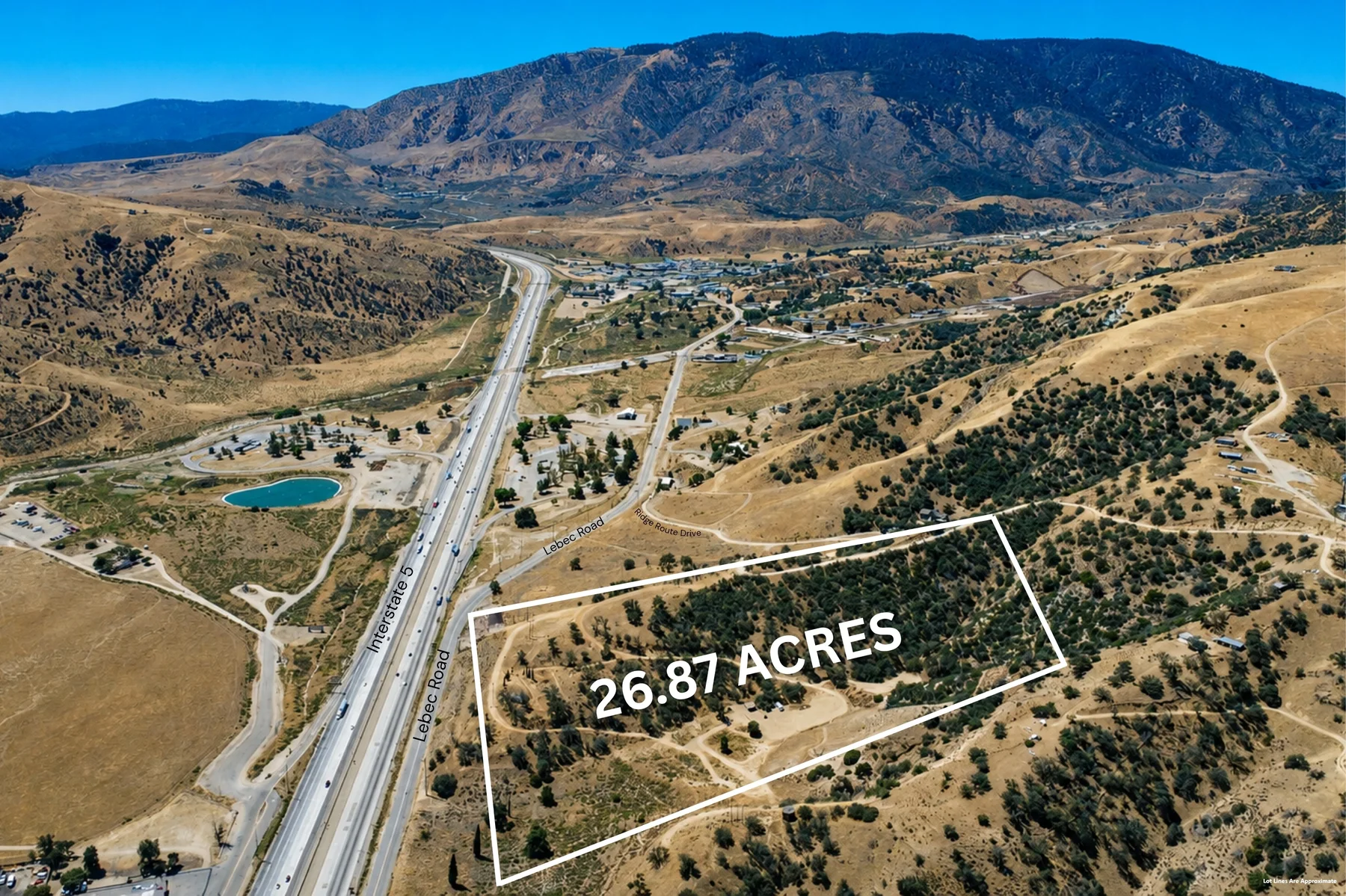Aerial view outlining the approximately 26.87-acre parcel at 1588 Ridge Route Drive in Lebec