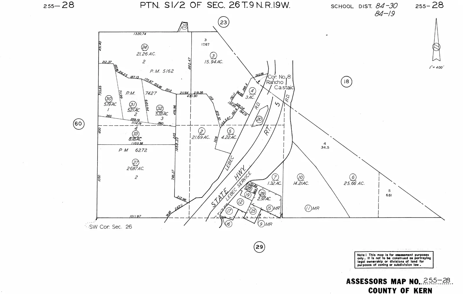 Kern County Assessor’s Map 255-28 reference for the Lebec area