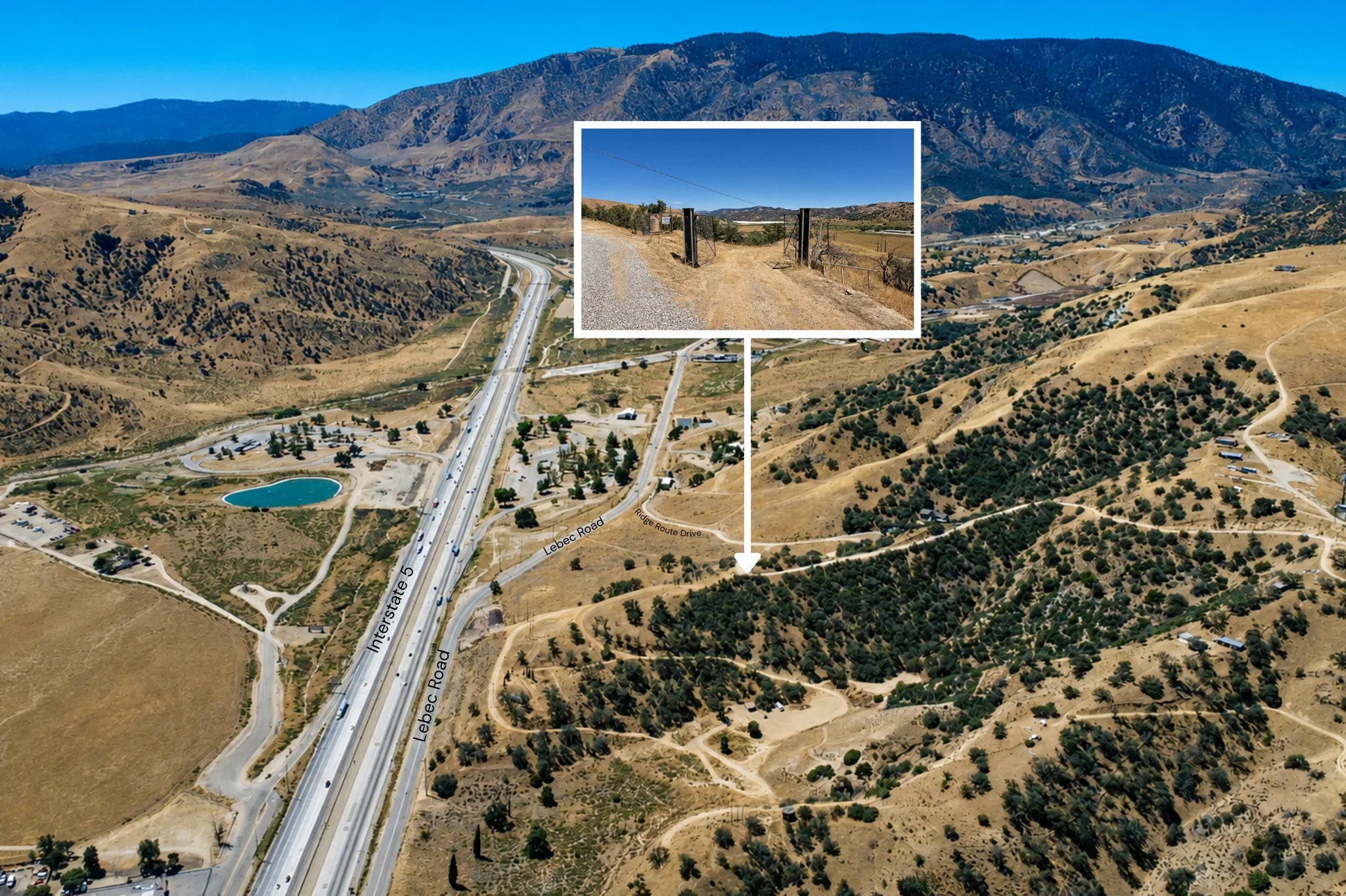 Regional aerial showing the Ridge Route Drive parcel near Lebec Road and Interstate 5