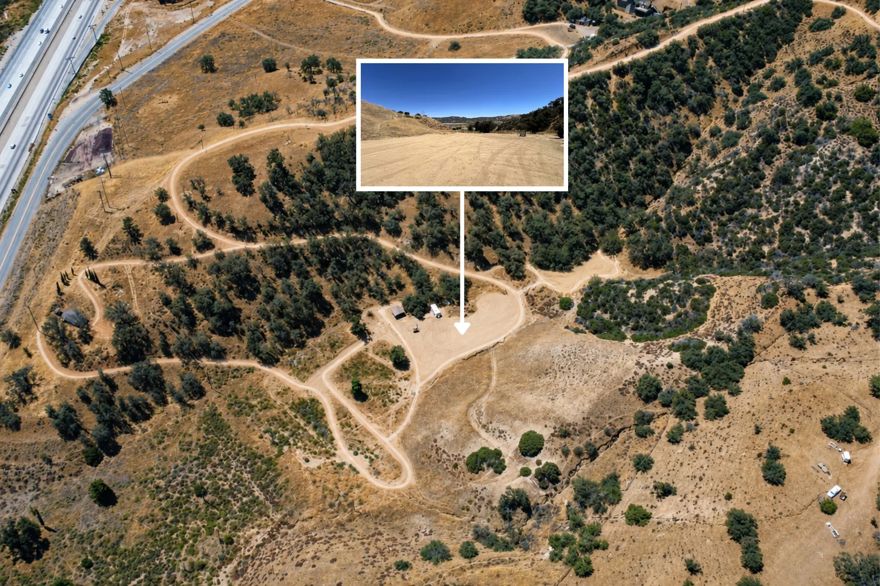 Aerial context identifying a flatter usable area within the approximately 26.87-acre parcel