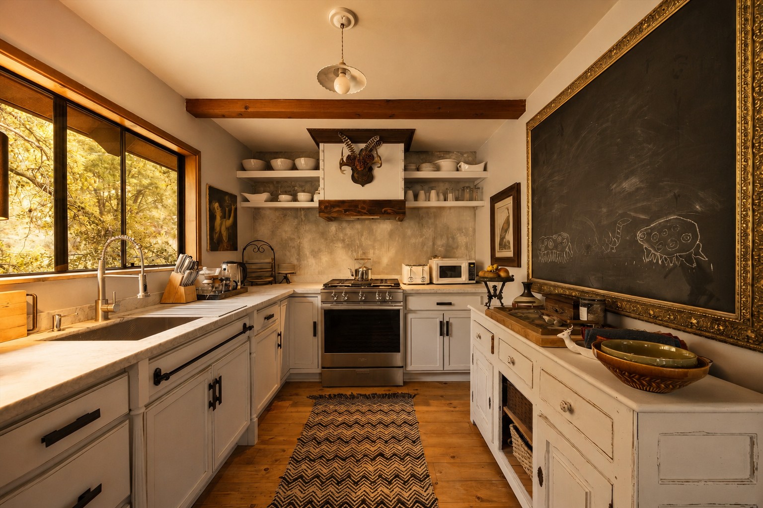 Kitchen — wood beam ceiling, marble counters, stainless range, chalkboard wall, and warm forest light through the windows