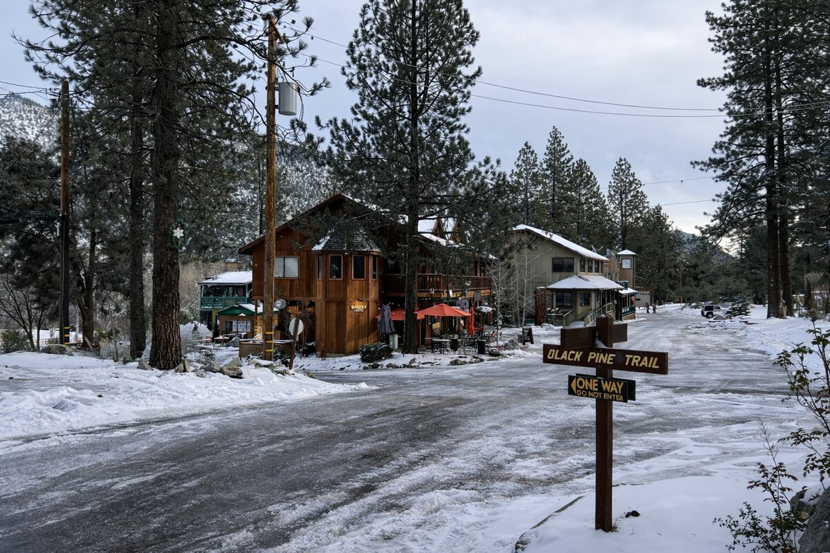 Black Pine Trail sign with village shops and snowy pines in background