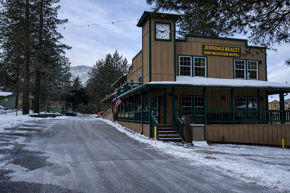Jennings Realty and Pine Mountain Hotel building with clock tower in winter