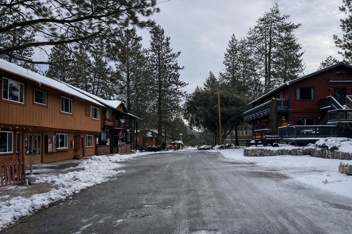 Pine Valley Lane shops and businesses lined with snow in Pine Mountain Club Village